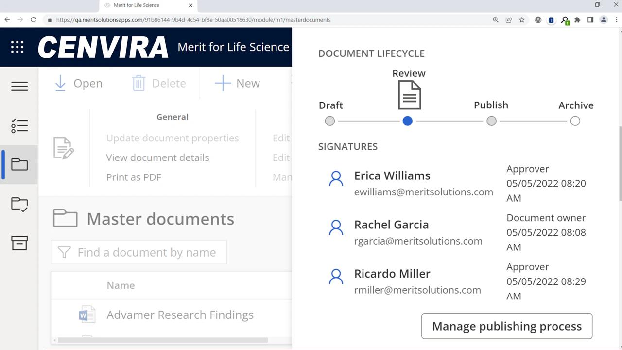 screenshot of Merit for Life Science GxP Documents